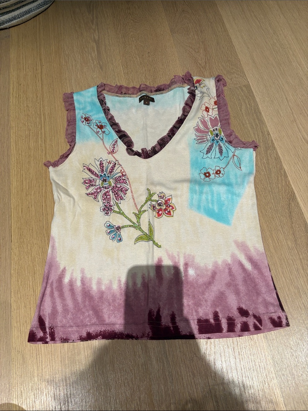 Floral Tie-Dye V-Neck Tank Top - Purple, Teal, Cream